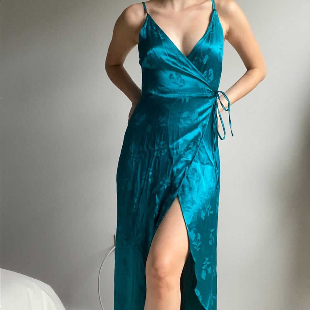 Deep teal satin effect wrap dress with delicate floral detail